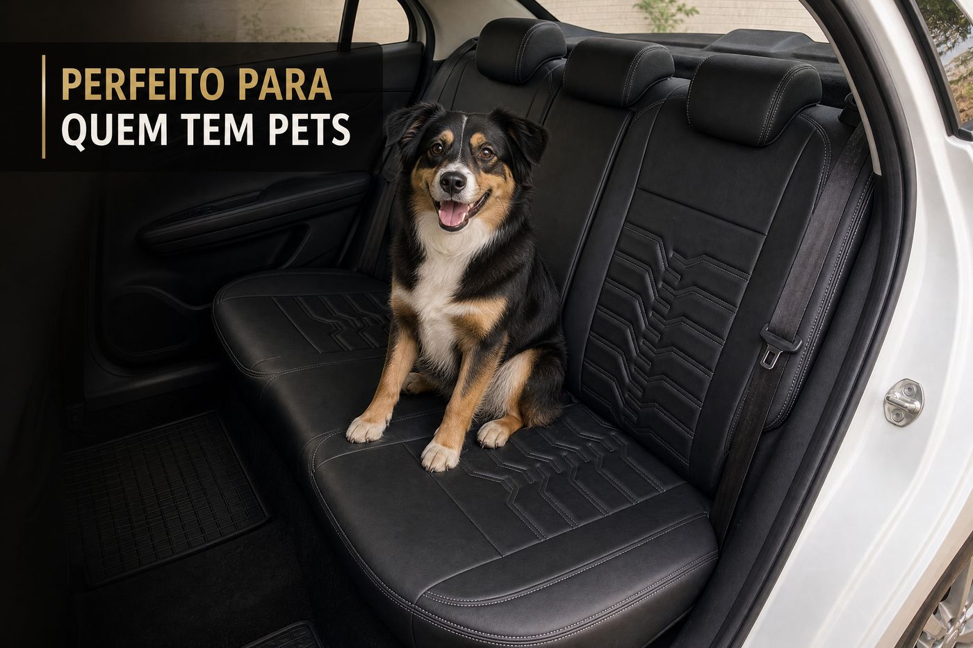 Banco traseiro protegido com capa automotiva e cachorro