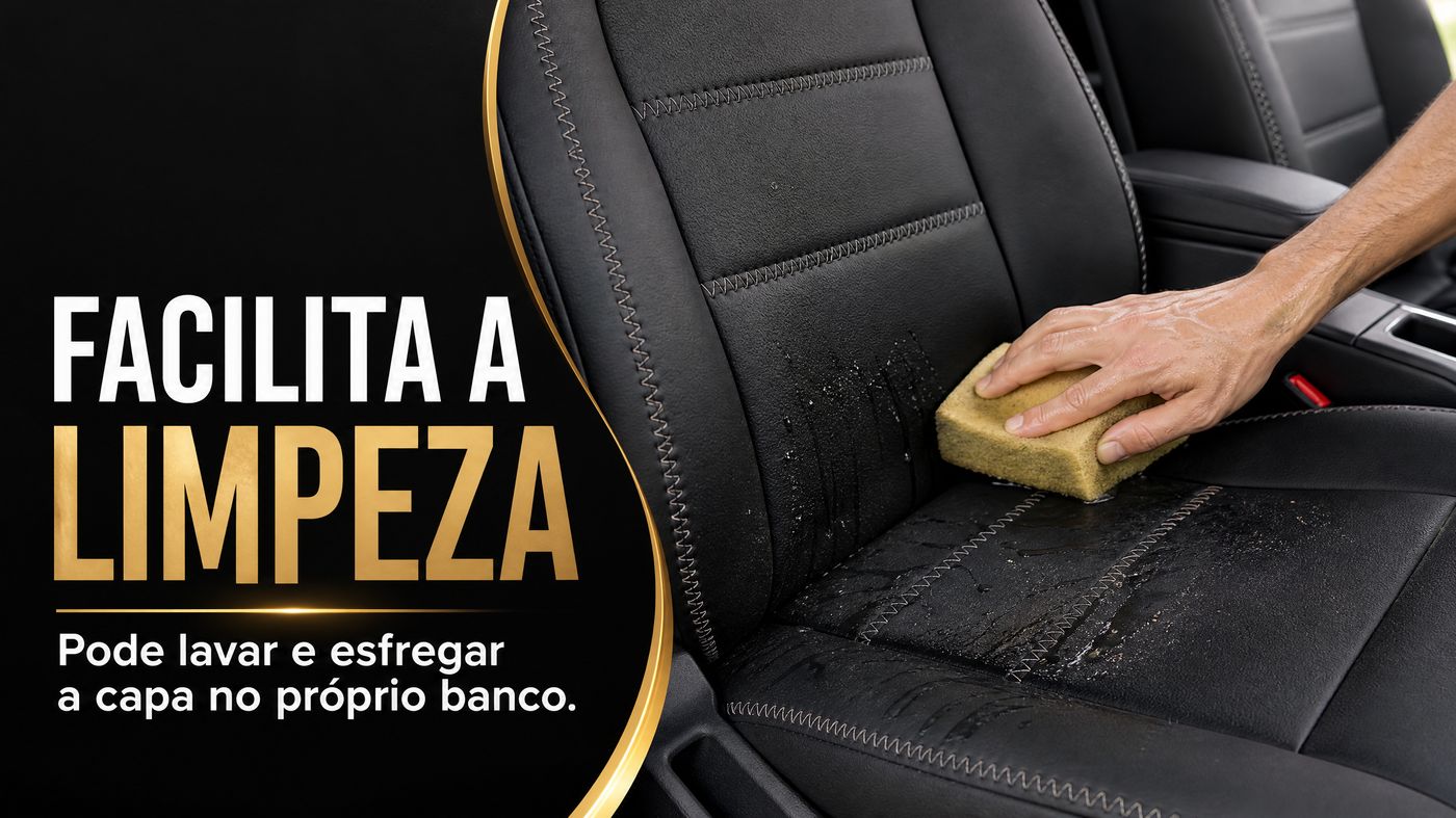Capa automotiva sendo limpa com água e esponja no banco